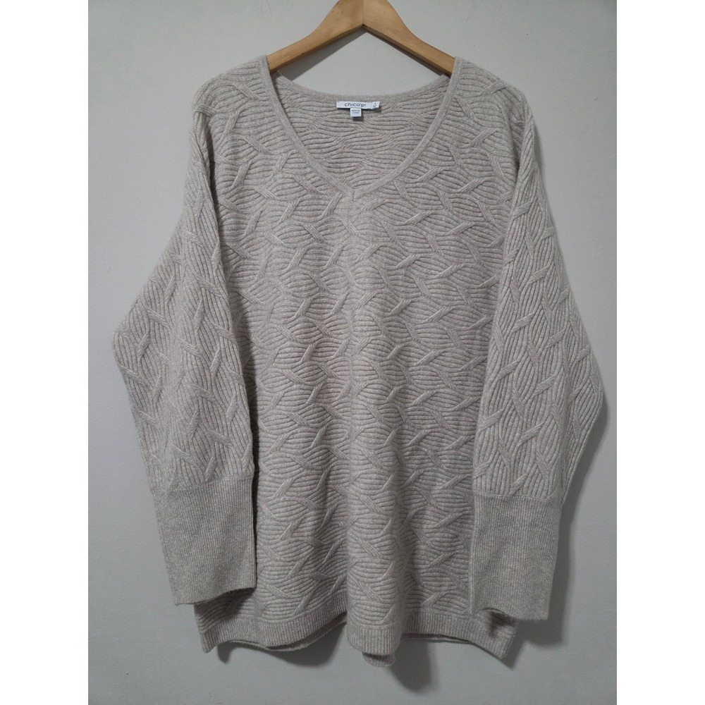 Chico's Women Oatmeal Beige Textured Cable Knit V-Neck Sweater Size 4 XXL